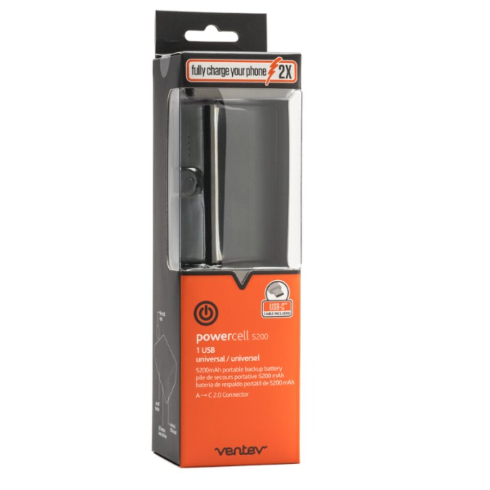 Ventev Powercell Power Bank 5200 mAh with USB-C Cable Grey Batteries Universal